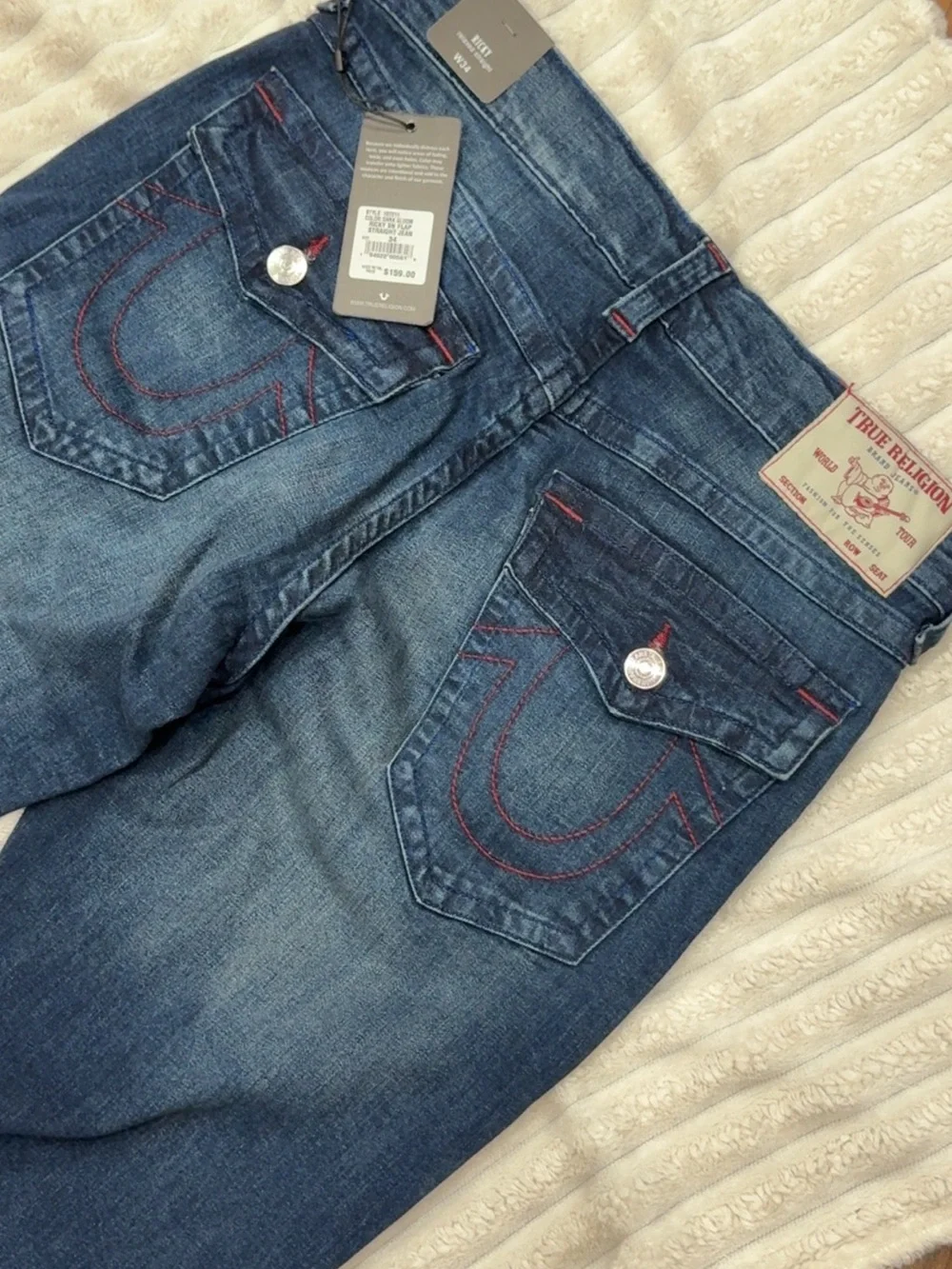 True Religion Men’s dark gloom Denim Jeans with Red Stitching